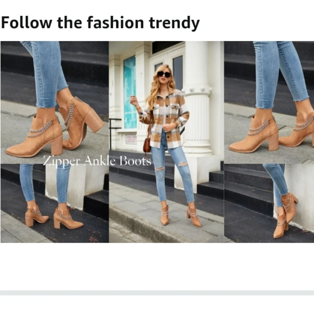 PiePieBuy Suede Chain Ankle Boots | Block Heel Tan Booties | Size 9 BNIB